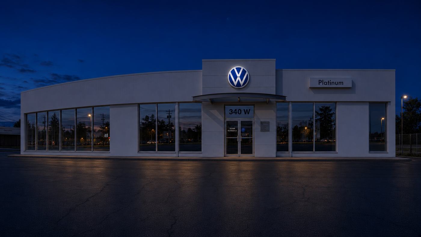 Platinum Volkswagen sales storefront at 340 West Old Country Road, Hicksville